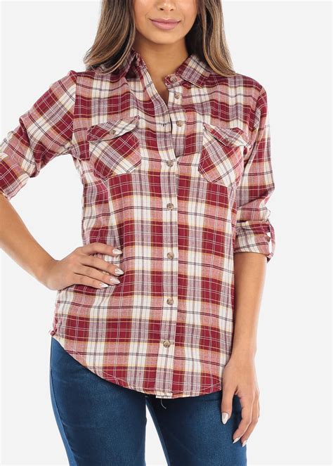 Moda Xpress Womens 34 Sleeve Shirt Button Up Flannel Plaid Red White