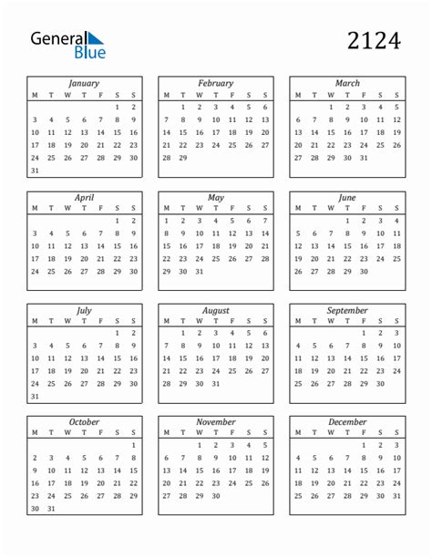 2124 Yearly Calendar Templates With Monday Start