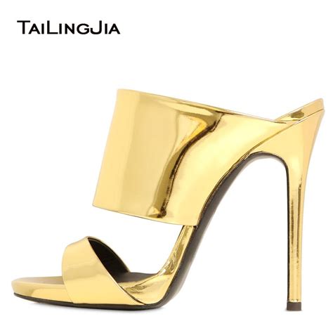 Buy Shiny Gold High Heel Mules Sexy Patent Leather