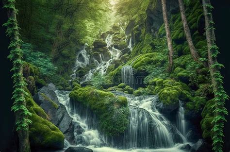 Beautiful Waterfall In The Rainforest With Green Moss And Ferns Long