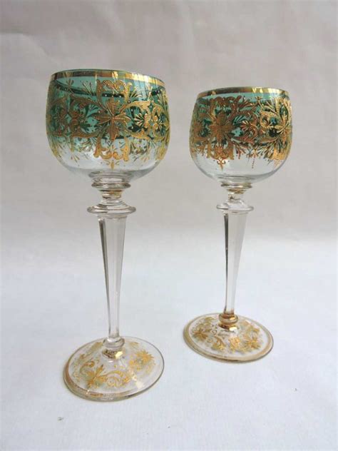Pair Of Austrian Moser Stemmed Crystal Wine Glasses With Raised Gold 19th Century Bernardis