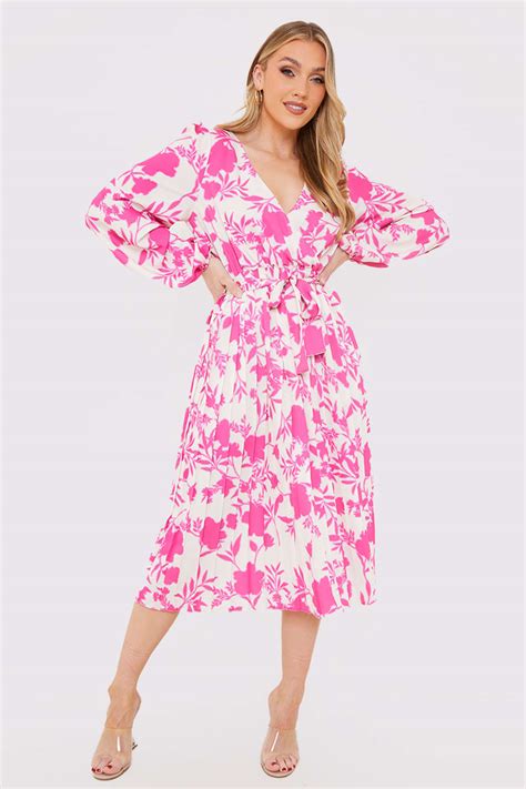 jac jossa pink floral print long sleeve pleated midi dress in the style ireland