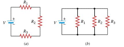 The diagram below shows an arrangement of resistors. The drawing shows three different resistors in two different circuits. The battery has a voltage ...