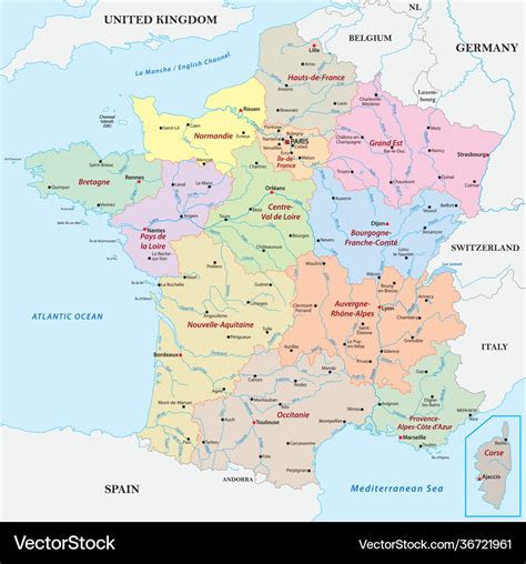 Map France With Regions Cities And Rivers Vector Image