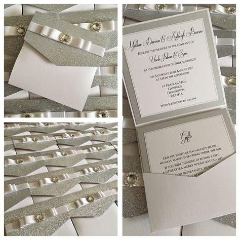 Glitter Flap Pocketfold Invitations With Flat Double Bow And Diamanté