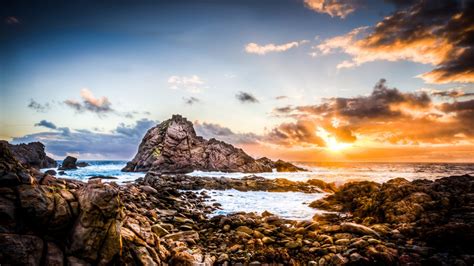 Rocks Shore Hdr Sunset Island Clouds Sea Coolwallpapersme
