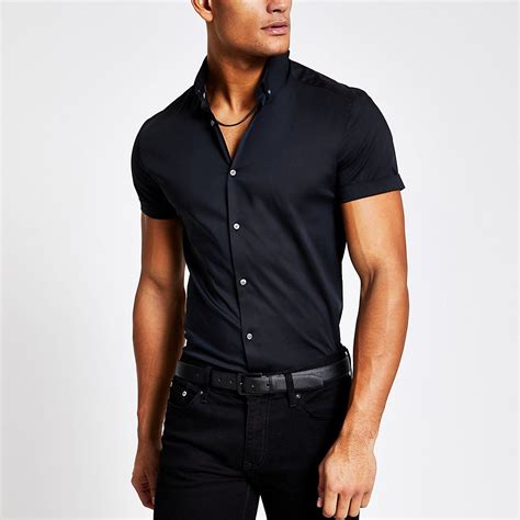 Black Muscle Fit Short Sleeve Shirt Short Sleeve Dress Shirt Short