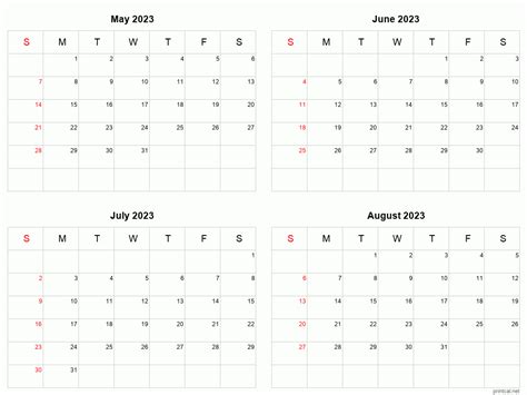 May To August 2023 Printable Calendar Four Months Per Page Printable
