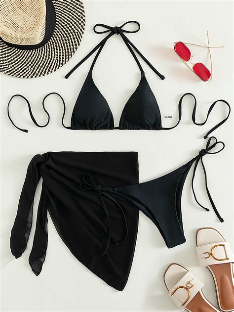 Shein Swim Basics Solid Bikini Set Triangle Bra And Thong Bottom And Beach Skirt 3 Piece Bathing