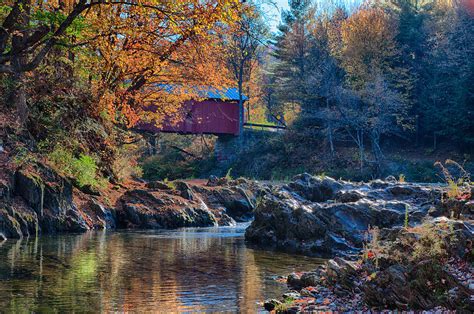 Afternoon Autumn Sun On Vermont Covered Bridge Photograph By Jeff