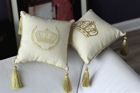 Burlap Pillow With Golden Tassel Crown Embroideredstand Etsy