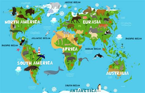 Mapamundi Infantil Con Los Nombres De Continentes Y Océanos Animales