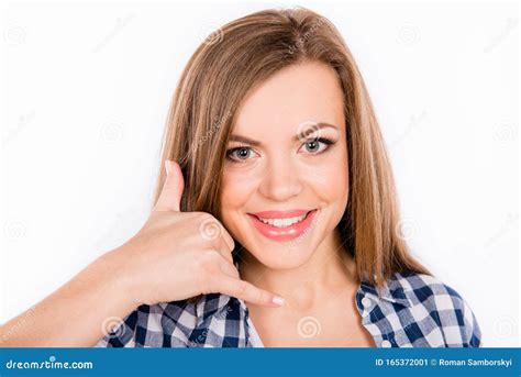 Pretty Girl Shows Gesture Call Me Back Stock Image Image Of Mobile