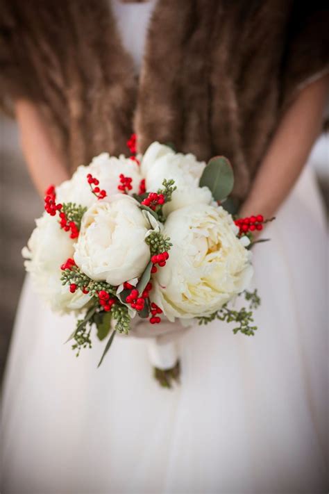 Bridal Bouquet With White Peonies Seeded Euc And Red Ilex Berries