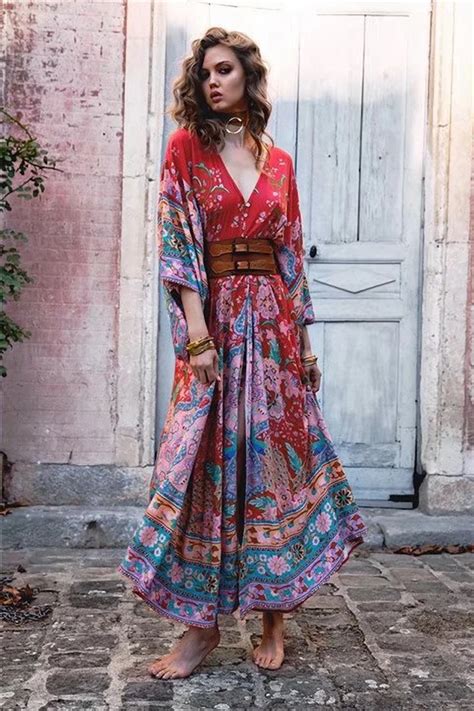 Bohemian Floral Print Maxi Dress Fashion V Neck With Tie Kimono Gown Women Three Quarter Sleeve