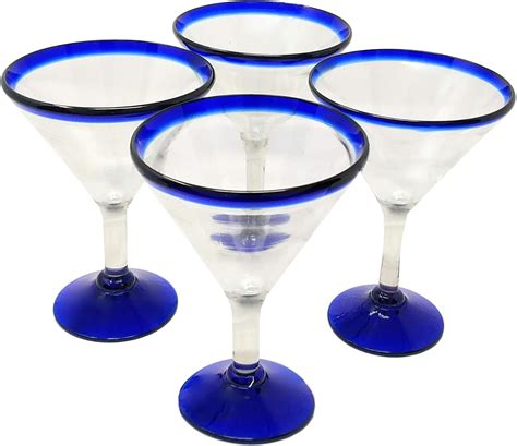 Mexican Hand Blown Glass Set Of 4 Hand Blown Modern Margarita Glasses Blue Rim