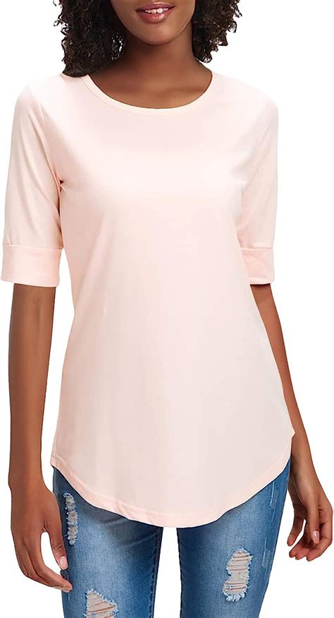 Womens Elbow Length Sleeve Tops Summer Cotton Blouses Casual Tunic Tee