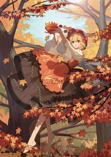 Safebooru 1girl Absurdres Aki Minoriko Autumn Autumn Leaves Bangs Barefoot Blonde Hair Blurry