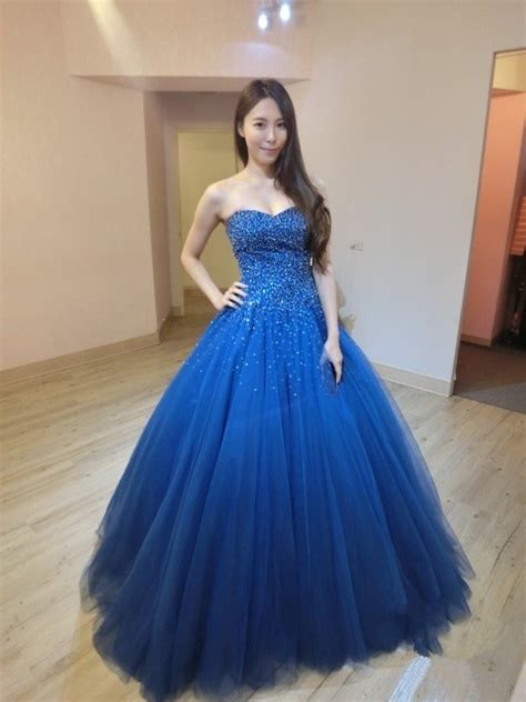 Long Royal Blue Tulle Beaded Ball Gown Prom Gowns Floor Length