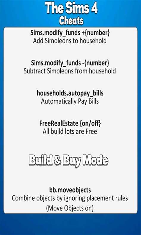 All Sims 4 Cheat Codesappstore For Android