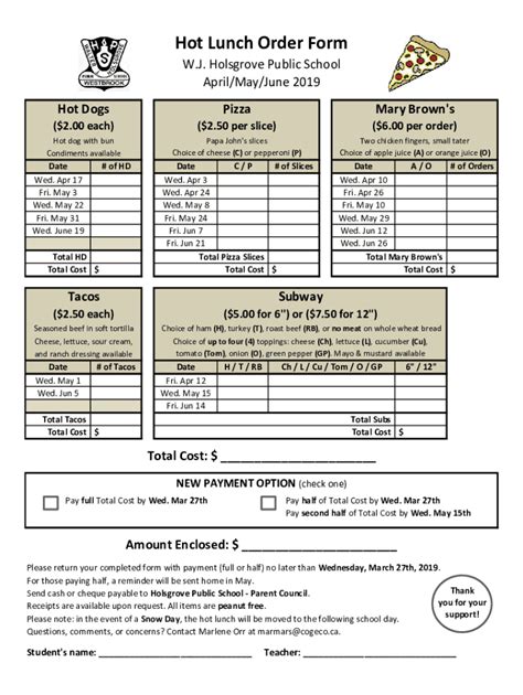 Fillable Online Hot Lunch Order Form Wj Holsgrove Public School Fax