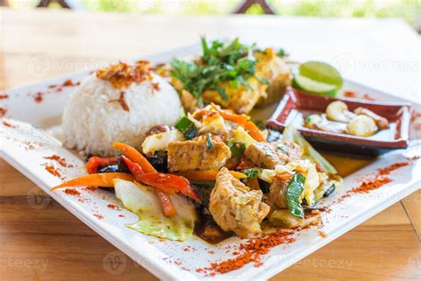Traditional Balinese Cuisine Vegetable And Chicken Stir Fry With Rice