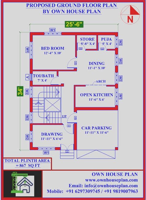 House Plan 26 X 34 4bhk Car Parking Double Storied Building In