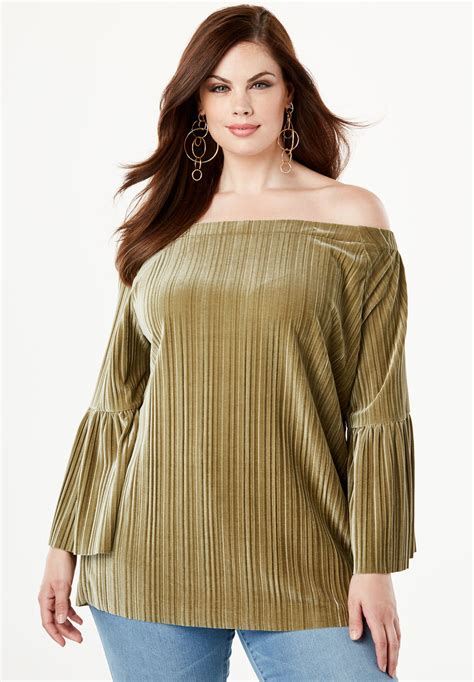Pleated Velour Top with Off-The-Shoulder Neckline| Plus Size Tees ...