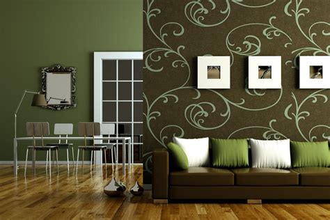 Dark Green Living Room Ideas With Floral Wallpaper And Brown Sofa