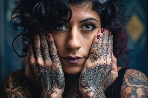 Retrato De Uma Mulher Com Olhos Penetrantes E Intrincadas Tatuagens De Hena Nas Mãos Contra
