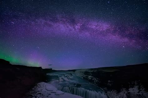 The Milky Way And Aurora Borealis Over Gullfoss Waterfall In Iceland