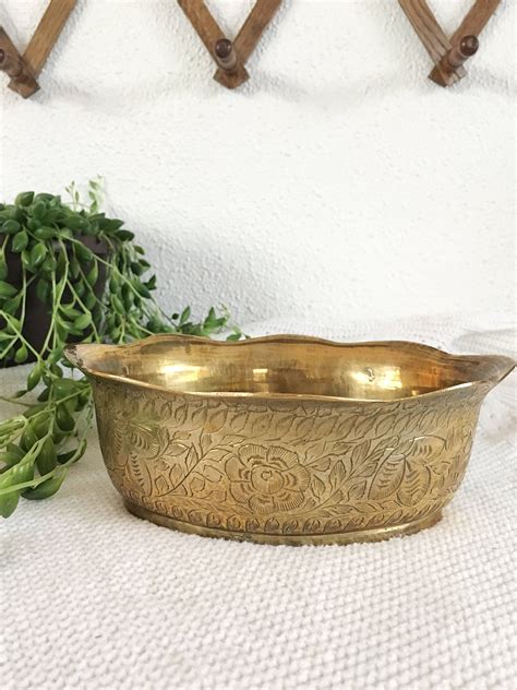 Etched Brass Bowl Vintage Brass Floral Motif Bowl Home Decor Etsy