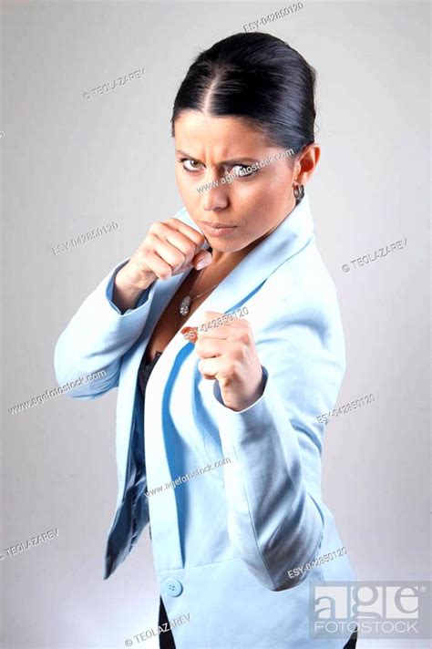 Furious Business Woman Ready To Fight Fists Clenched Boxing Pose