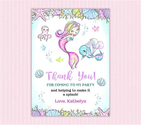 Mermaid Under The Sea Thank You Card Perfect Party Prints Editable