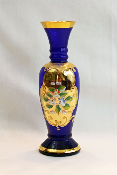 Vintage Lefton Cobalt Blue Bud Vase Gold Gilding Enamel Flowers Hand Blown Hand Painted Bohemian