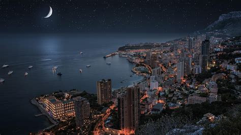 Monaco Moonlit Starry Sky Night Time Sea Monte Carlo Coast