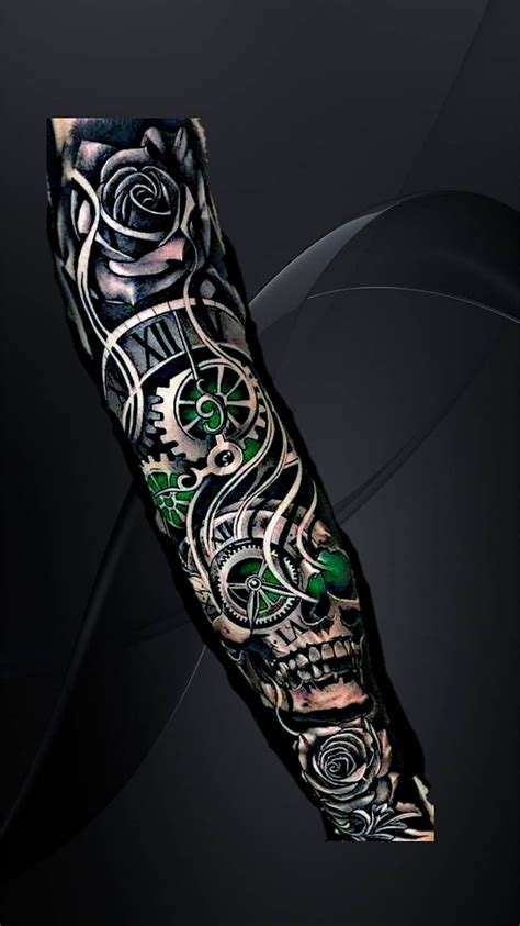 Bio Mechanical Gears Green Roses Skull Tattoos Hd Phone Wallpaper