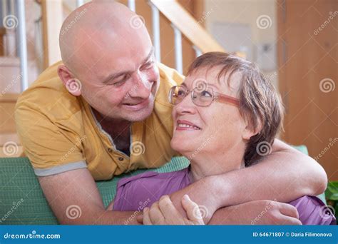 Mature Mother With Adult Son Stock Image Image Of Indoors Portrait