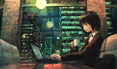 Wallpaper Anime Girls Computer Skyscraper Night