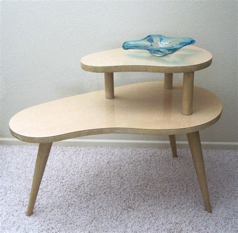 Vintage 1950s Kidney Shaped 2 Tier End Table Retro Blonde
