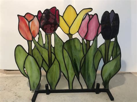 Stained Glass Tulips In Metal Base Shelf Sitter Etsy Stained Glass Flowers Stained Glass