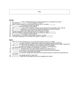 New questions are added and answers are changed. Intro to Ecology Crossword Puzzle with key by Maura ...