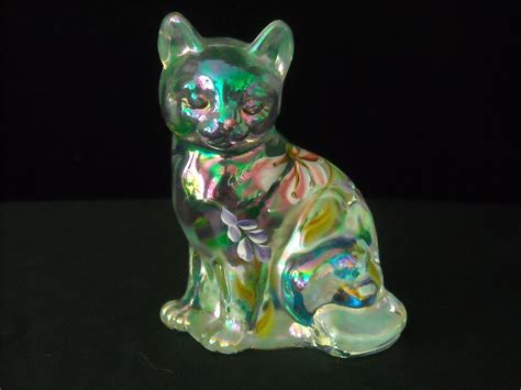 Vintage Hand Painted Fenton Art Glass Figurine Opalescent Sitting Cat Pristine Glass Art