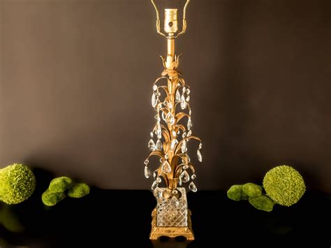 Classically beautiful traditional large crystal table lamp marked waterford having an impressive pineapple motife base and silk shade. Vintage Italian Tole Gold Gilt Crystal Table Lamp ...