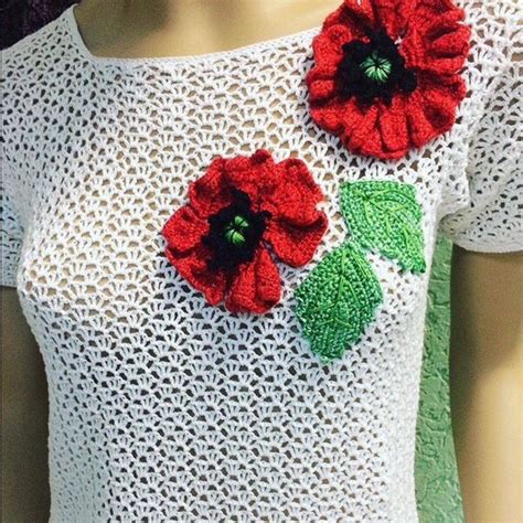 Knitted Openwork Blouse With Red Poppies For Easter Celebrations And