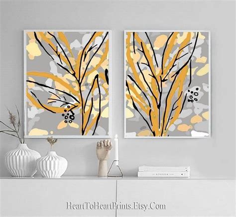 Abstract Botanical Art Set Of 2 Prints Yellow Gray Wall Art Etsy In