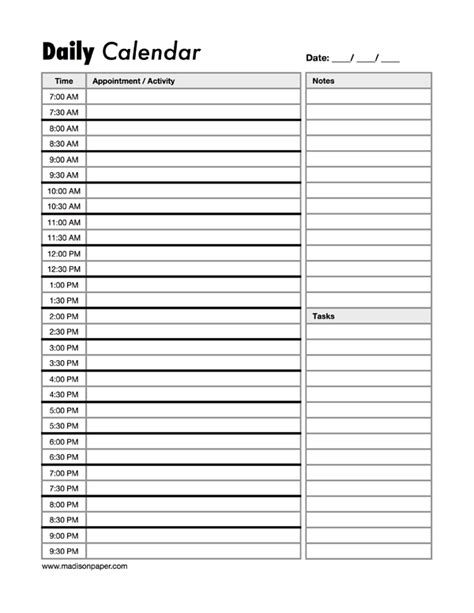 Printable Blank Daily Calendar Template