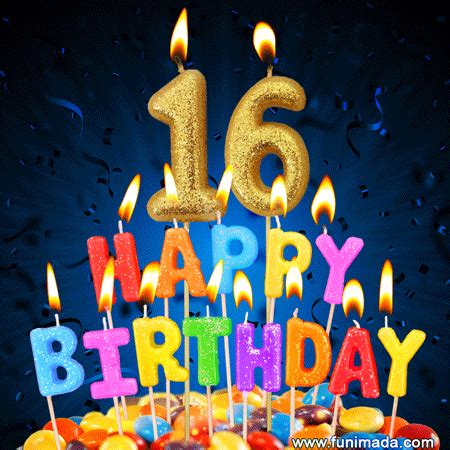 Today, birthday cake images vary, you can purchase cakes in the craziest shapes and forms; Best Happy 16th Birthday Cake with Colorful Candles GIF ...