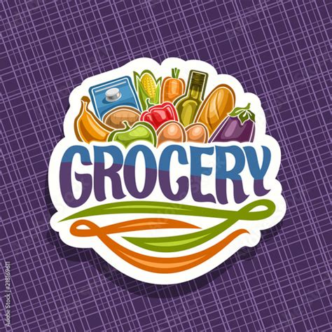 Vector Logo For Grocery Store Cut Paper Sign With Heap Of Fresh