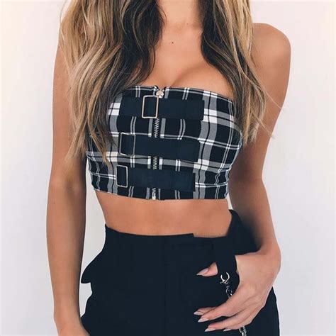 Women Sexy Tank Top Plaid Camis Strapless Tube Top Lady Exposed Crop